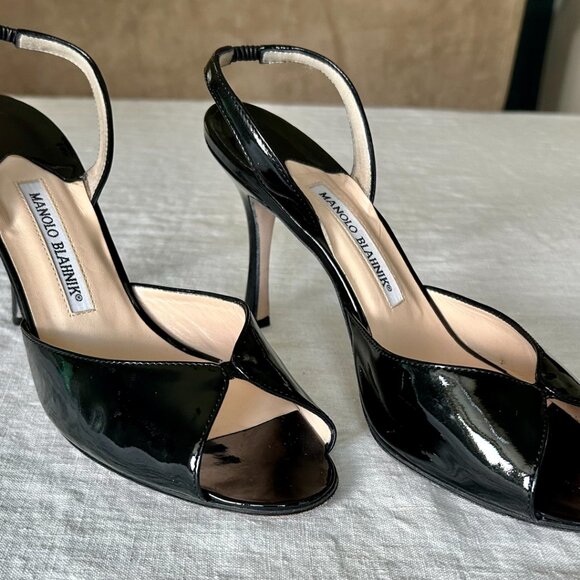 Manolo Blahnik Black Patent Slingback Heels Open Toe Peep Toe 38.5 / US 8.5 - Picture 1 of 9